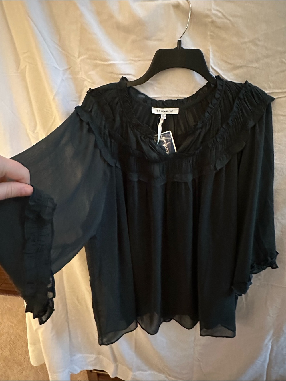 Rose & Olive Black Sheer Ruffle Yoke Peasant Blouse